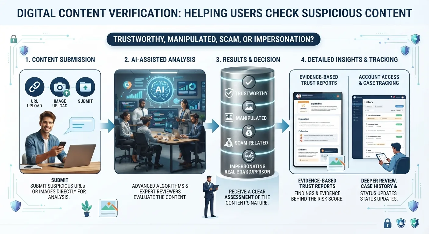 Suspicious social content moving through manipulation detection into a trust report